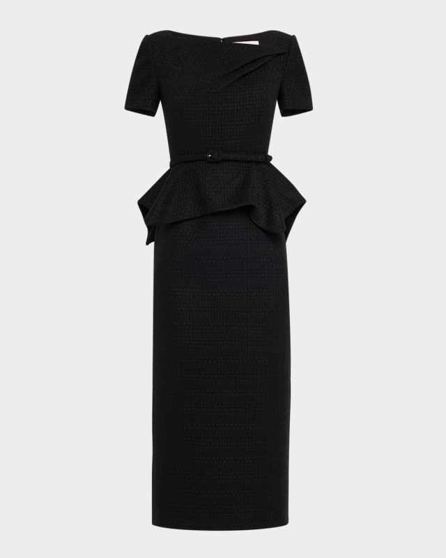 Asymmetric Twist Boucle Belted Peplum Midi Dress